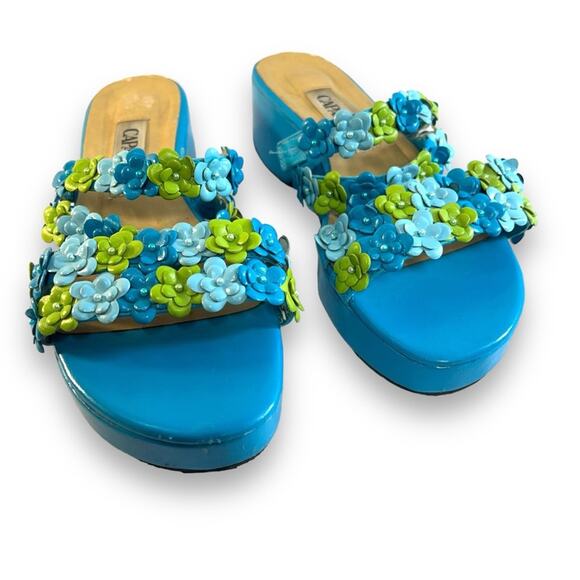 VINTAGE CAPARROS Turquoise Lime Floral and Bead Slide Platform Sandals SZ 6.5 - Picture 4 of 12